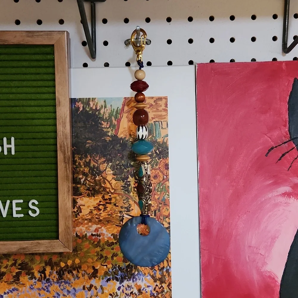 Eclectic charm/hanging adornment, Multi beads w/ Shale pendant, made by me.